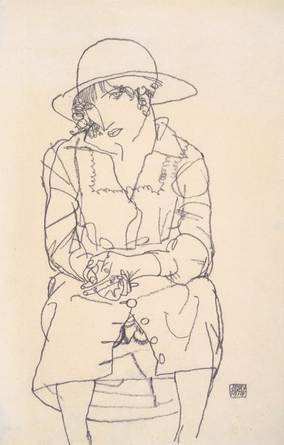 Sitzendes Mädchen mit Hut von Egon Schiele